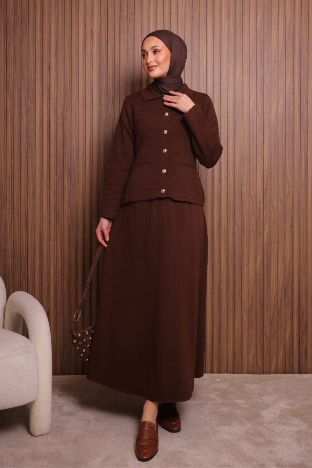 Balenbi Kadın Sık Örgü Polo Yaka Hırkalı Etekli Tesettür Triko Takım 1151 Standart - Kahverengi