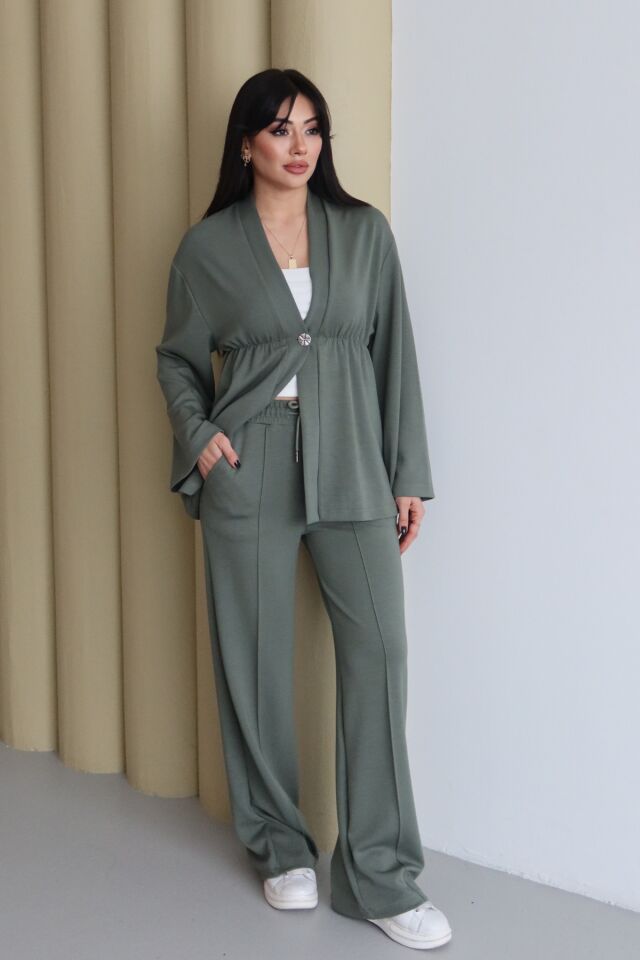 Balenbi Şal Yaka Büzgü Detaylı Rahat Kalıp Modal Kimono Tesettür Takım 1179 S - Haki