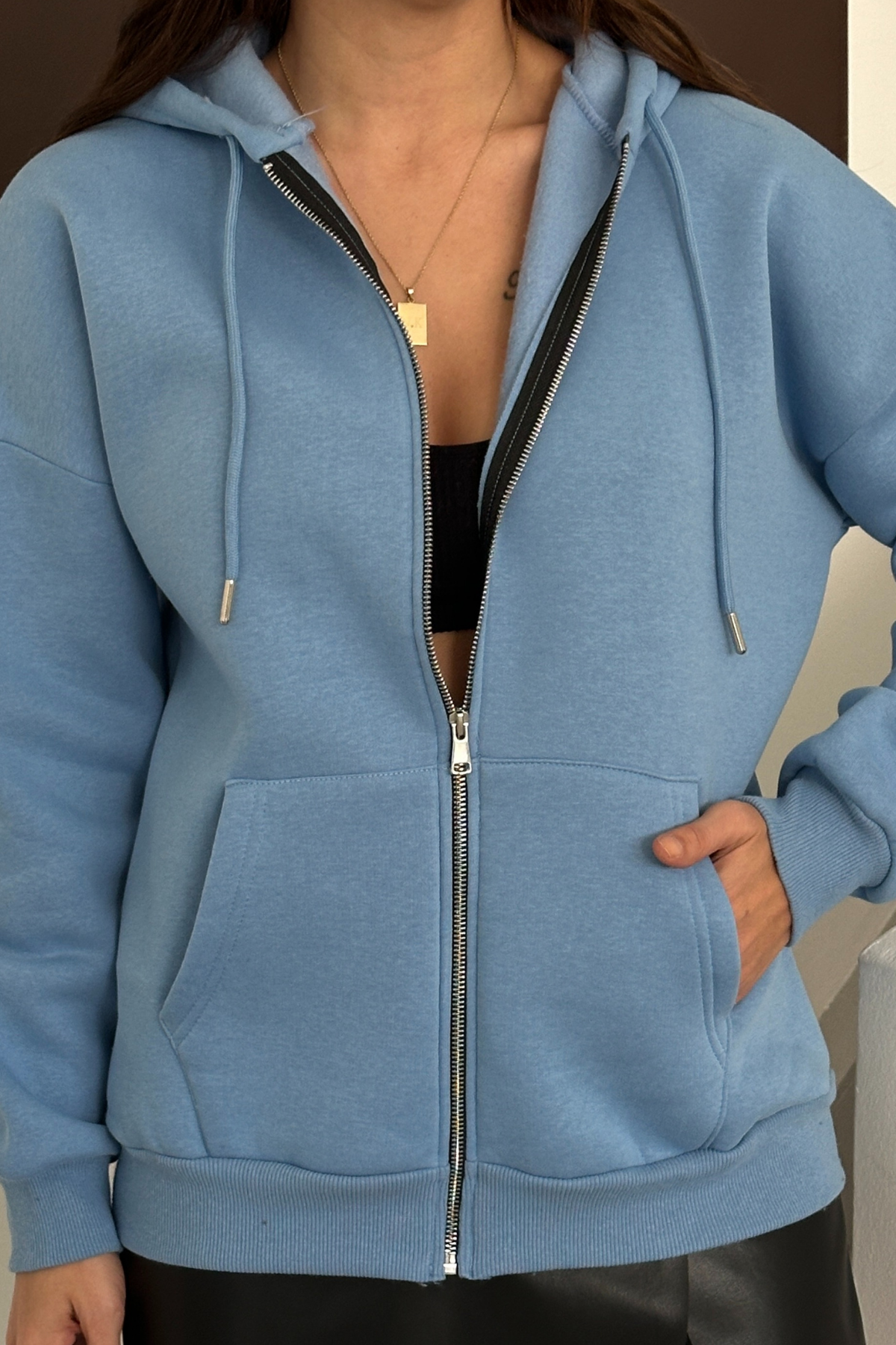 Balenbi Kadın 3 İplik İçi Polarlı Kapüşonlu Oversize Sweat Hırka 1110 S - Mavi