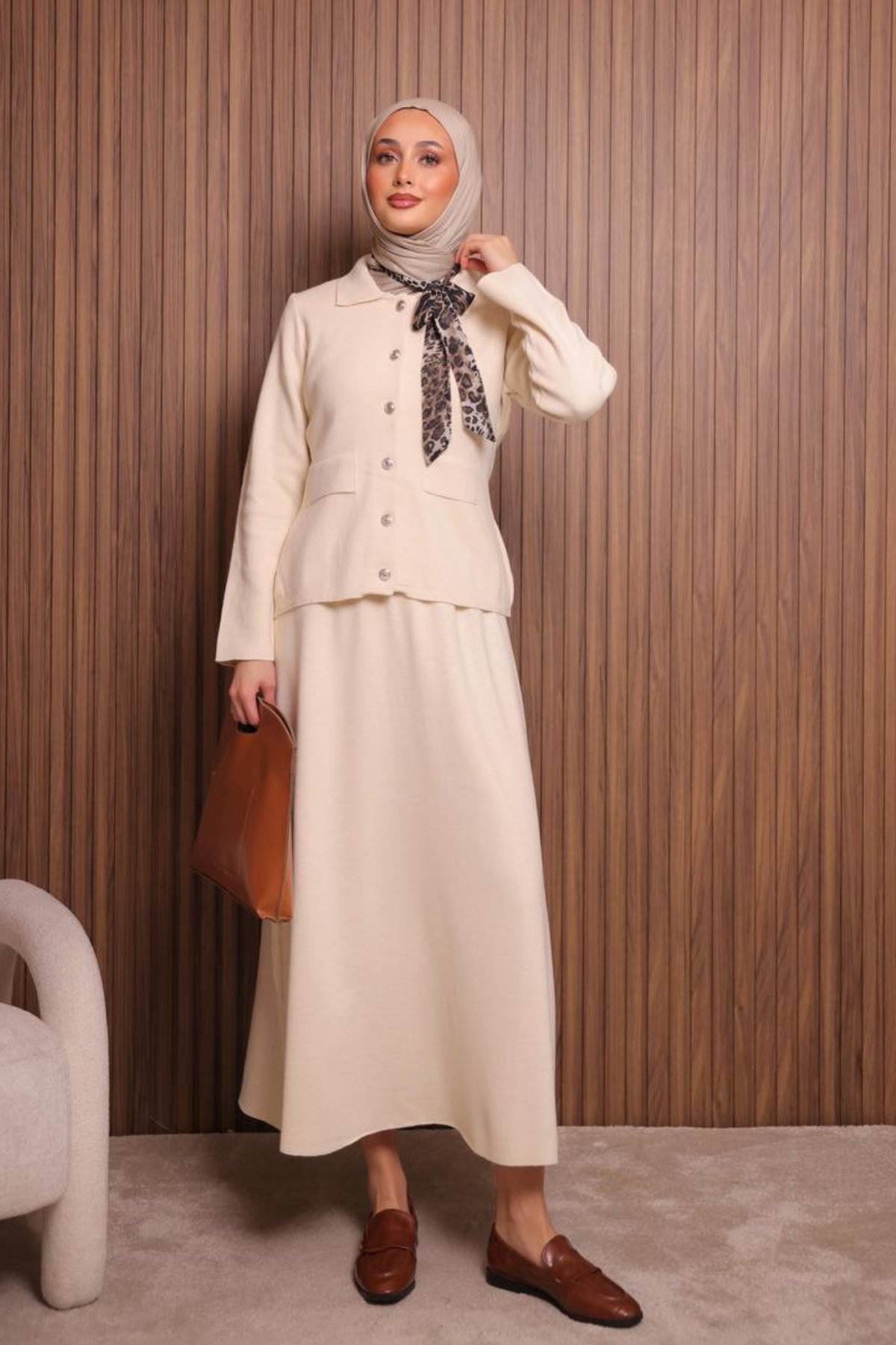 Balenbi Kadın Sık Örgü Polo Yaka Hırkalı Etekli Tesettür Triko Takım 1151 Standart - Krem