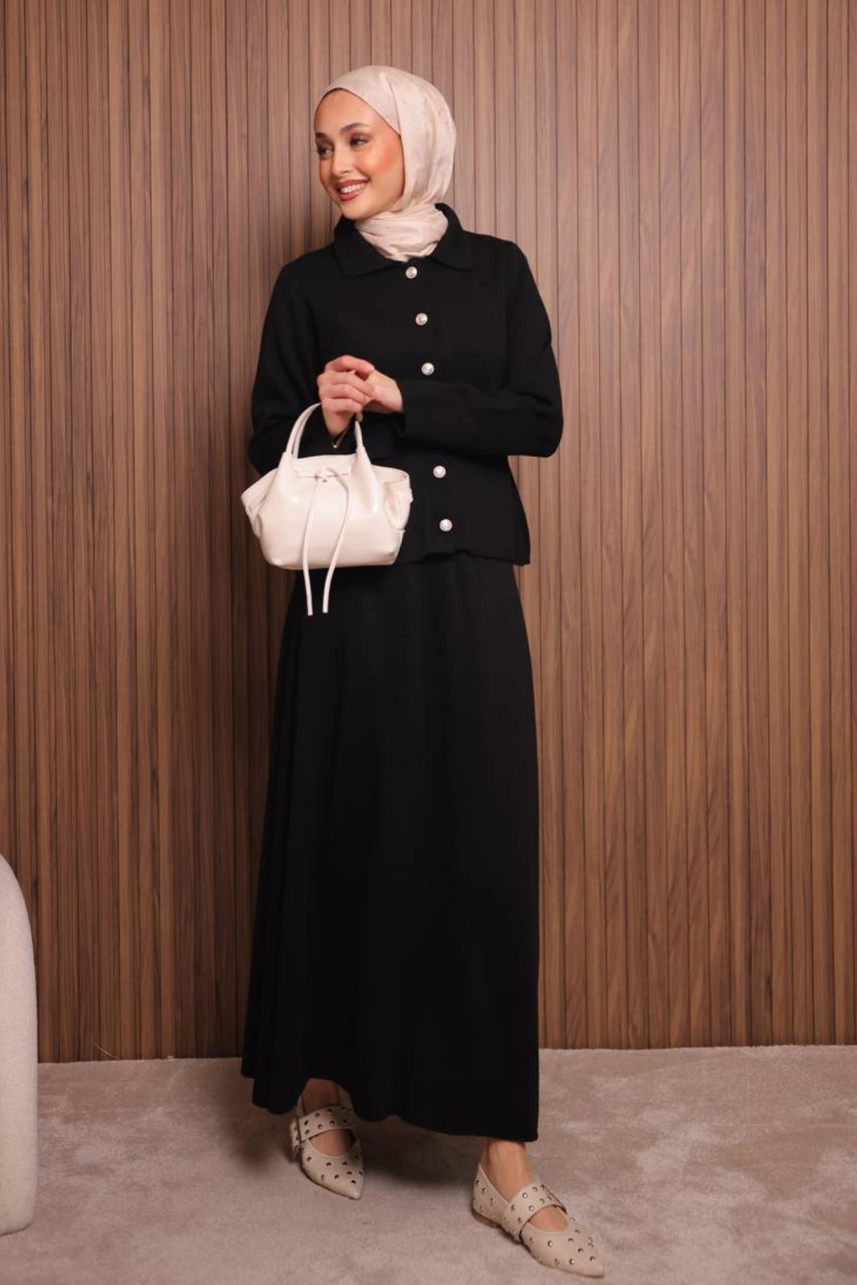 Balenbi Kadın Sık Örgü Polo Yaka Hırkalı Etekli Tesettür Triko Takım 1151 Standart - Siyah