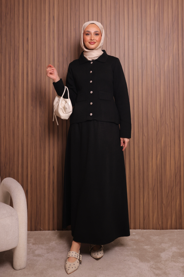 Balenbi Kadın Sık Örgü Polo Yaka Hırkalı Etekli Tesettür Triko Takım 1151 Siyah - Standart