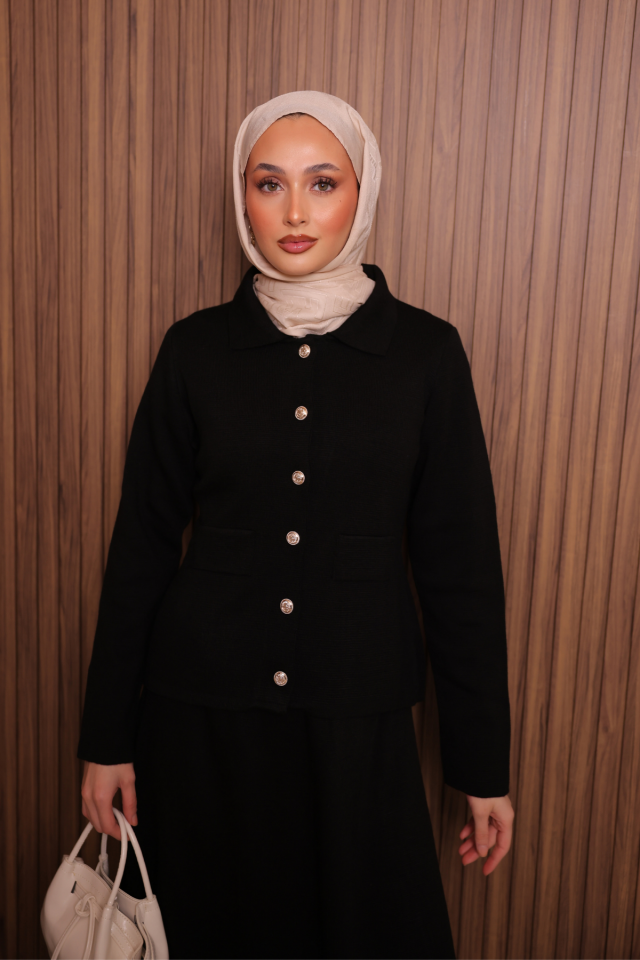 Balenbi Kadın Sık Örgü Polo Yaka Hırkalı Etekli Tesettür Triko Takım 1151 Siyah - Standart