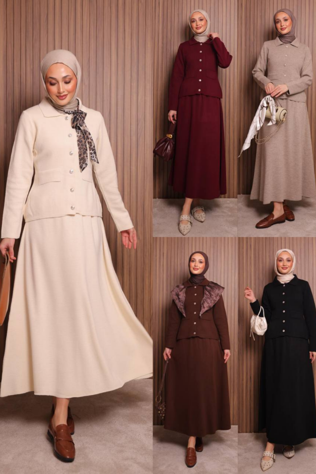 Balenbi Kadın Sık Örgü Polo Yaka Hırkalı Etekli Tesettür Triko Takım 1151 Siyah - Standart