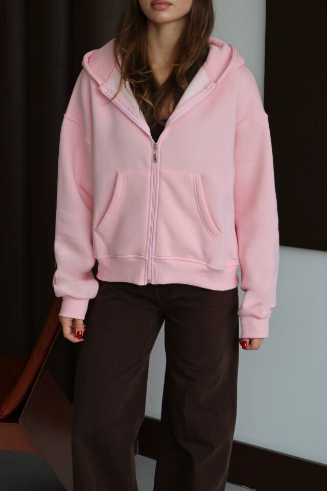 Balenbi Kadın 3 İplik İçi Polarlı Kapüşonlu Oversize Sweat Hırka 1110 M - Pembe