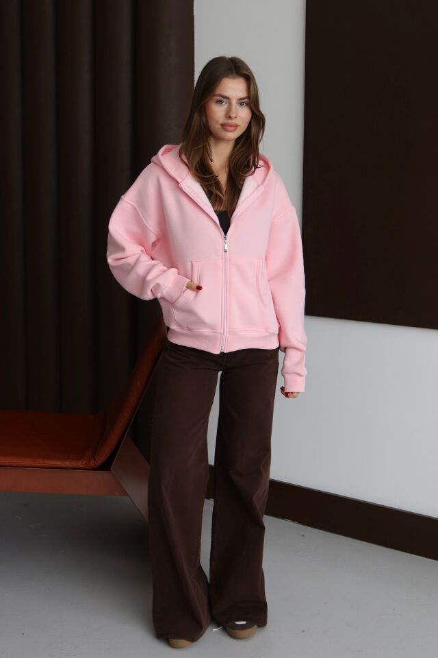 Balenbi Kadın 3 İplik İçi Polarlı Kapüşonlu Oversize Sweat Hırka 1110 M - Pembe