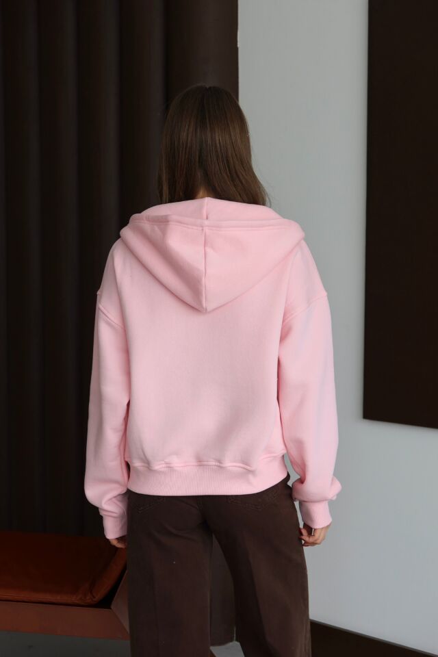 Balenbi Kadın 3 İplik İçi Polarlı Kapüşonlu Oversize Sweat Hırka 1110 M - Pembe