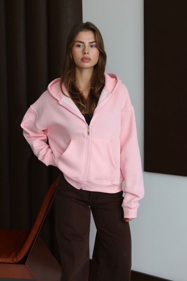 Balenbi Kadın 3 İplik İçi Polarlı Kapüşonlu Oversize Sweat Hırka 1110 S - Pembe