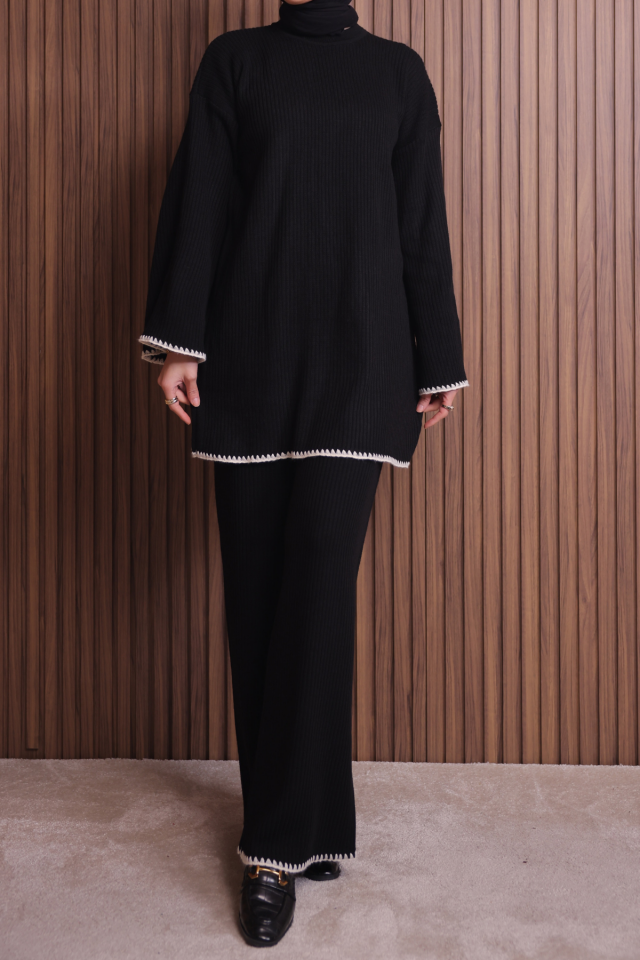 Balenbi Kadın Oversize Ribana Örgü İspanyol Kol Tesettür Triko Takım 1147 Siyah - Standart