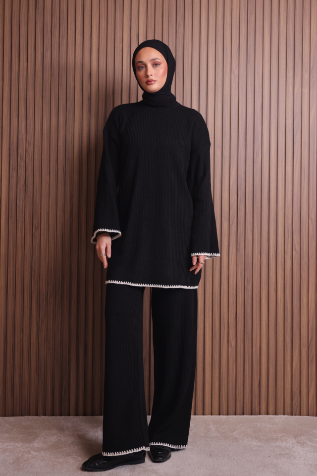 Balenbi Kadın Oversize Ribana Örgü İspanyol Kol Tesettür Triko Takım 1147 Standart - Siyah