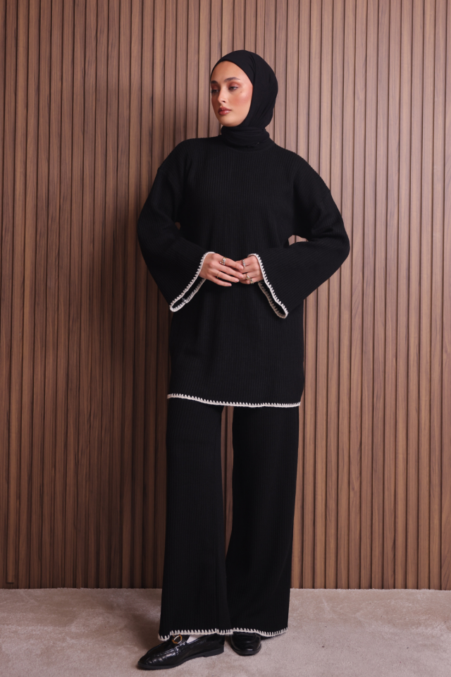 Balenbi Kadın Oversize Ribana Örgü İspanyol Kol Tesettür Triko Takım 1147 Standart - Siyah