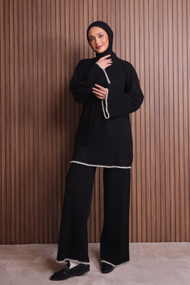 Balenbi Kadın Oversize Ribana Örgü İspanyol Kol Tesettür Triko Takım 1147 Standart - Siyah