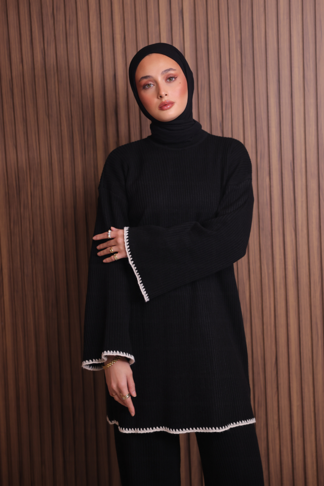 Balenbi Kadın Oversize Ribana Örgü İspanyol Kol Tesettür Triko Takım 1147 Standart - Siyah