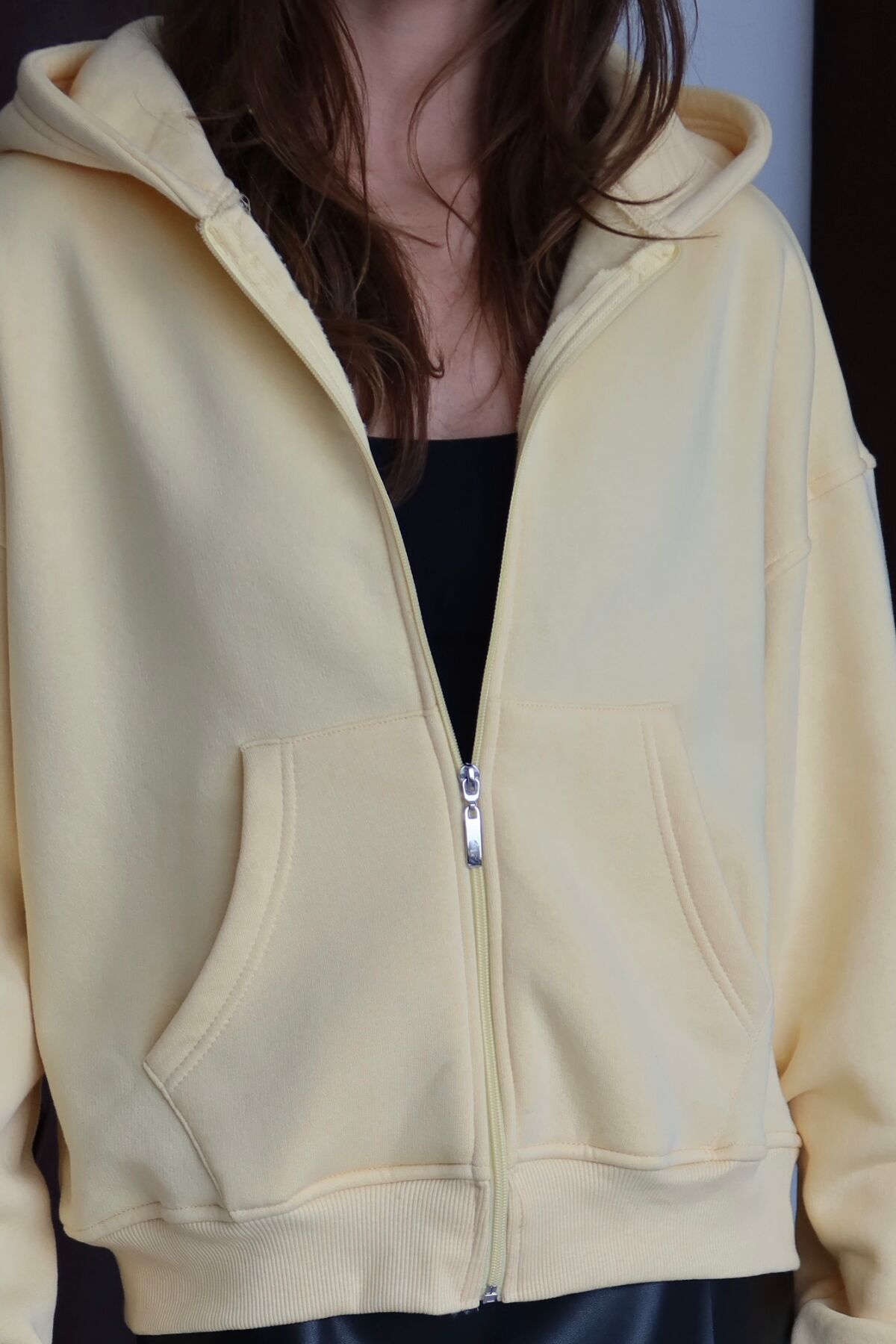 Balenbi Kadın 3 İplik İçi Polarlı Kapüşonlu Oversize Sweat Hırka 1110 M - Sarı