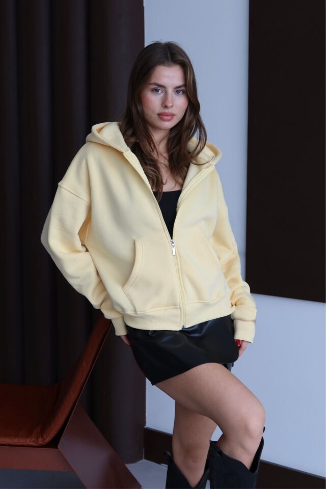 Balenbi Kadın 3 İplik İçi Polarlı Kapüşonlu Oversize Sweat Hırka 1110 M - Sarı