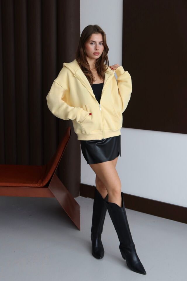 Balenbi Kadın 3 İplik İçi Polarlı Kapüşonlu Oversize Sweat Hırka 1110 M - Sarı