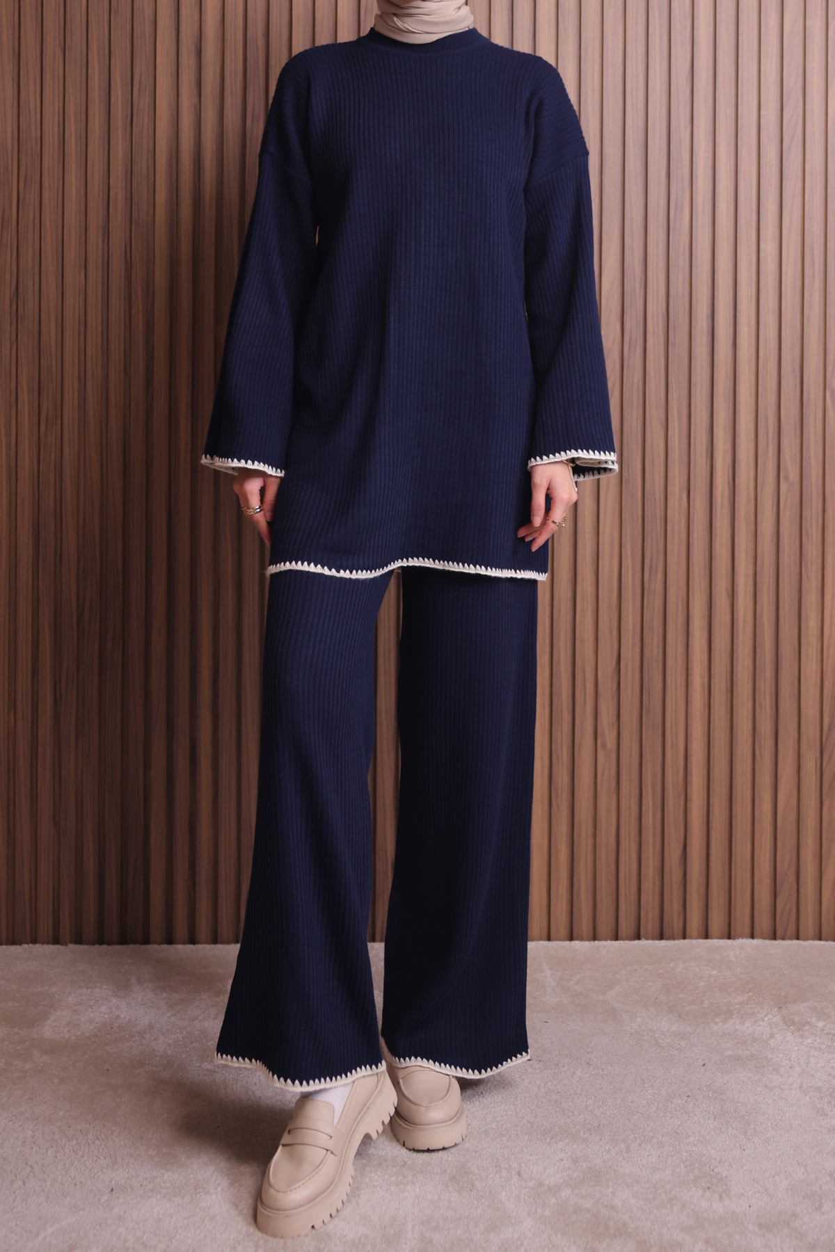 Balenbi Kadın Oversize Ribana Örgü İspanyol Kol Tesettür Triko Takım 1147 Standart - Lacivert