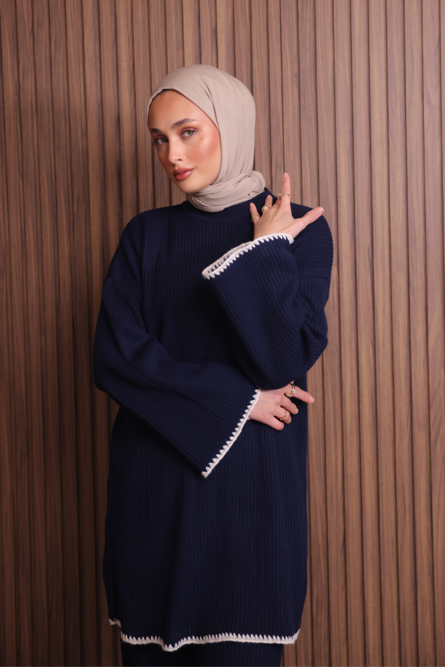 Balenbi Kadın Oversize Ribana Örgü İspanyol Kol Tesettür Triko Takım 1147 Lacivert - Standart