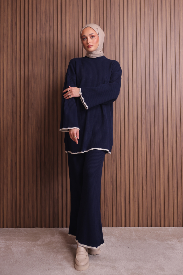 Balenbi Kadın Oversize Ribana Örgü İspanyol Kol Tesettür Triko Takım 1147 Standart - Lacivert