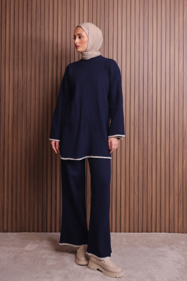 Balenbi Kadın Oversize Ribana Örgü İspanyol Kol Tesettür Triko Takım 1147 Standart - Lacivert
