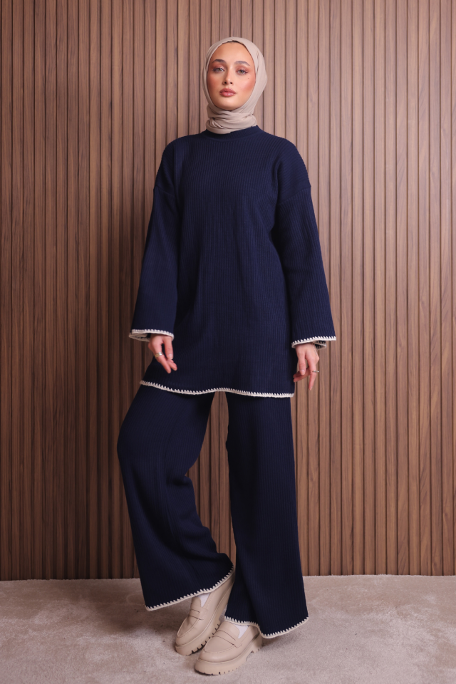 Balenbi Kadın Oversize Ribana Örgü İspanyol Kol Tesettür Triko Takım 1147 Standart - Lacivert