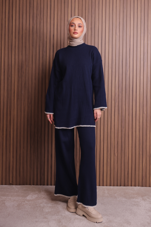 Balenbi Kadın Oversize Ribana Örgü İspanyol Kol Tesettür Triko Takım 1147 Standart - Lacivert