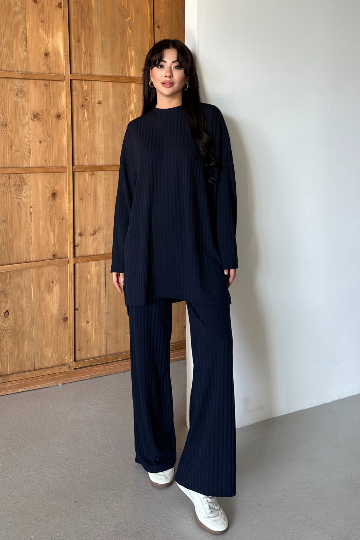 Balenbi Kadın Triko Görünümlü Çizgili Bisiklet Yaka Tesettür Tunik Takım 1152