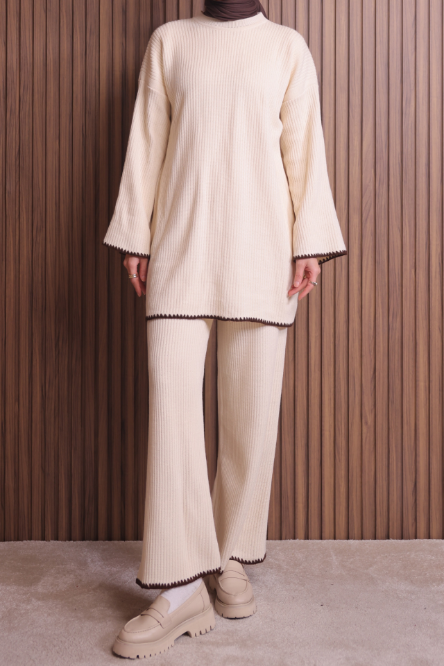 Balenbi Kadın Oversize Ribana Örgü İspanyol Kol Tesettür Triko Takım 1147 Krem - Standart