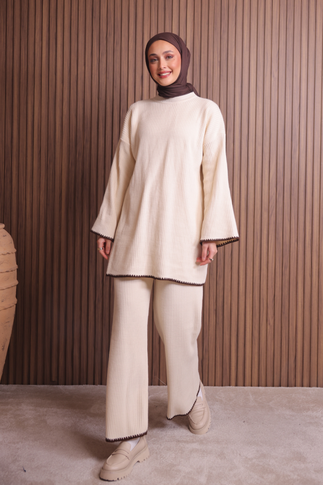 Balenbi Kadın Oversize Ribana Örgü İspanyol Kol Tesettür Triko Takım 1147 Krem - Standart