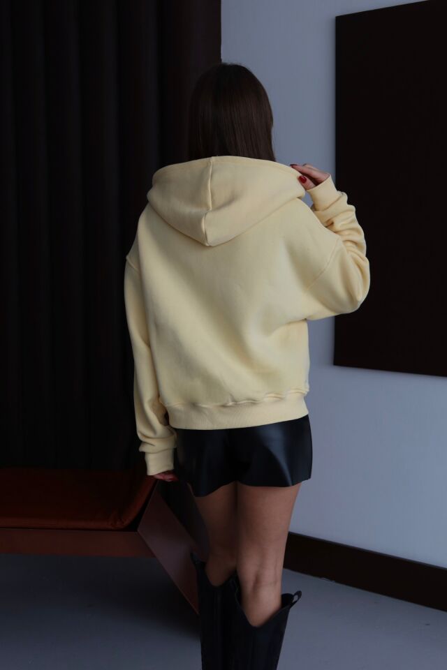 Balenbi Kadın 3 İplik İçi Polarlı Kapüşonlu Oversize Sweat Hırka 1110 S - Sarı