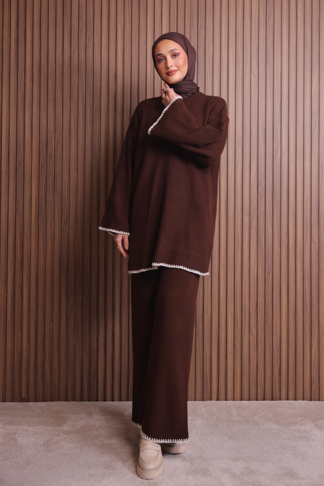 Balenbi Kadın Oversize Ribana Örgü İspanyol Kol Tesettür Triko Takım 1147 Standart - Kahverengi