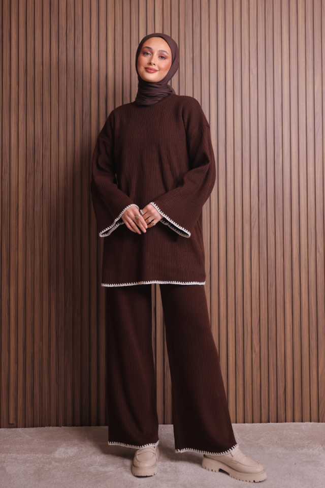 Balenbi Kadın Oversize Ribana Örgü İspanyol Kol Tesettür Triko Takım 1147 Standart - Kahverengi