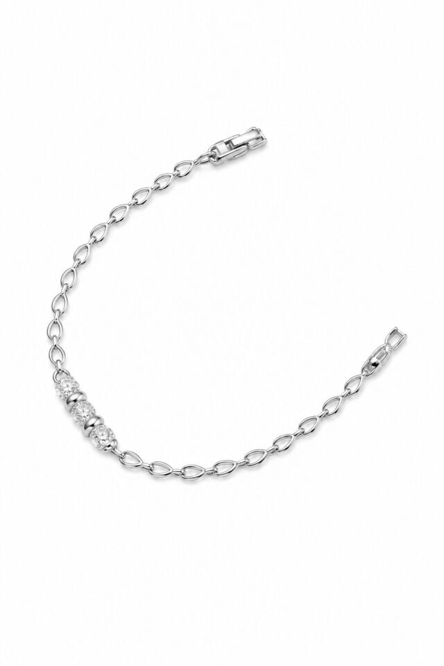 Balenbi Jewelry Gümüş Renk Üç Zirkon Taş Detaylı Oval Zincir Paslanmaz Çelik Kadın Bileklik 1200 Gümüş