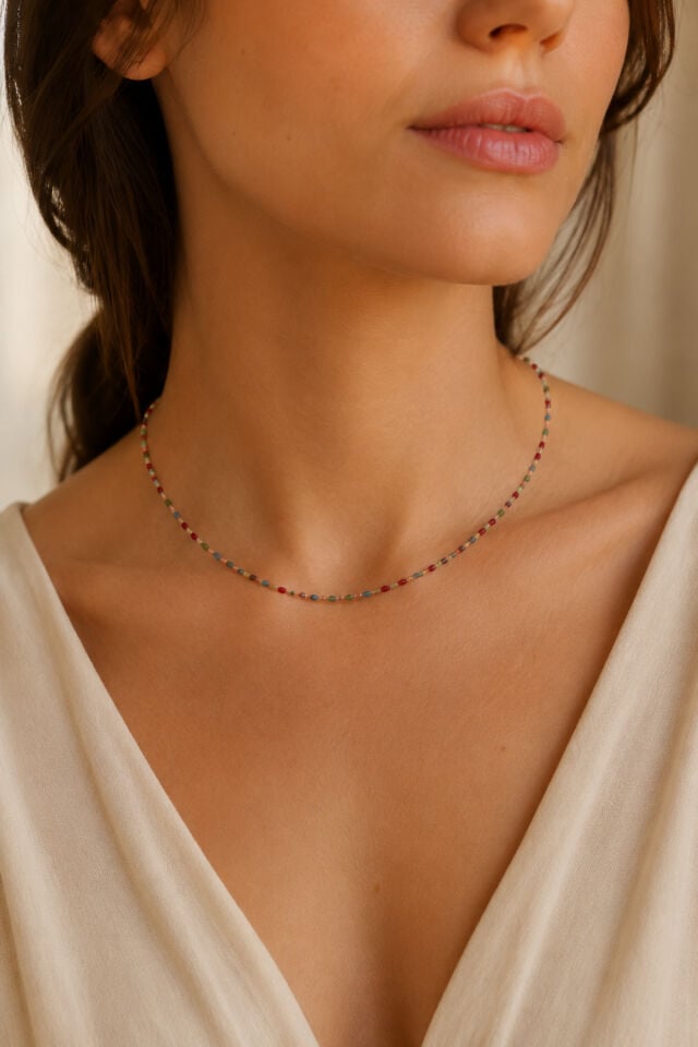 Balenbi Jewelry Renkli Taş Boncuk Detaylı İnce Zincir Kararmaz Çelik Kadın Kolye Gold 1169 Çok Renkli