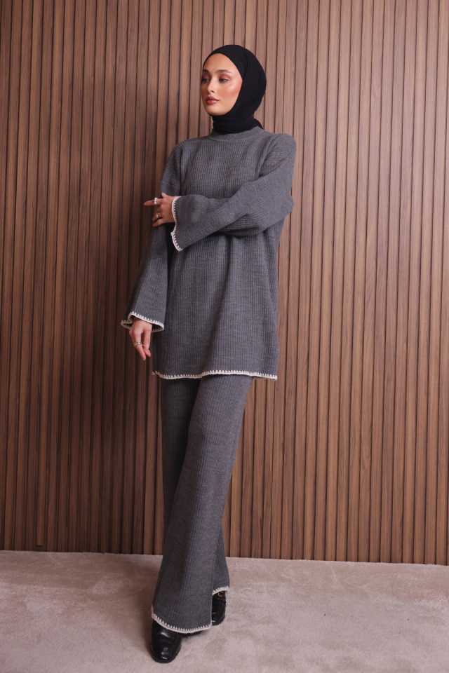 Balenbi Kadın Oversize Ribana Örgü İspanyol Kol Tesettür Triko Takım 1147 Standart - Gri