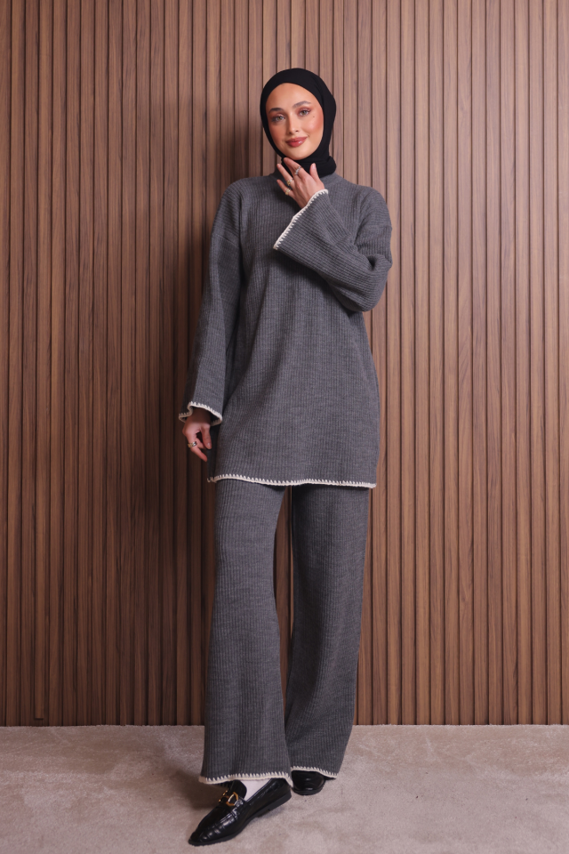 Balenbi Kadın Oversize Ribana Örgü İspanyol Kol Tesettür Triko Takım 1147 Standart - Gri