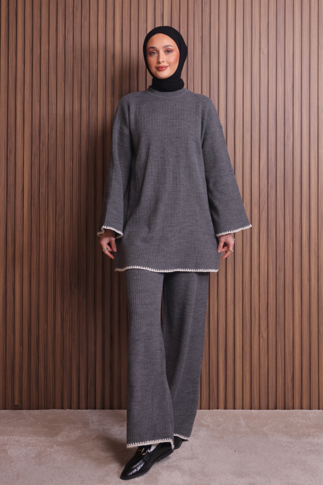 Balenbi Kadın Oversize Ribana Örgü İspanyol Kol Tesettür Triko Takım 1147 Standart - Gri