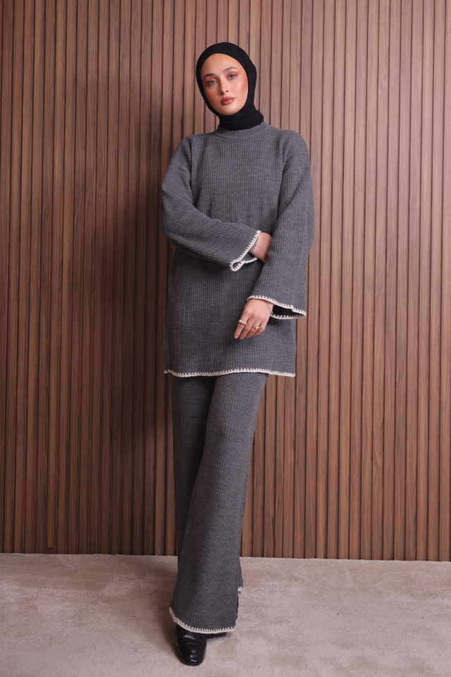 Balenbi Kadın Oversize Ribana Örgü İspanyol Kol Tesettür Triko Takım 1147 Standart - Gri