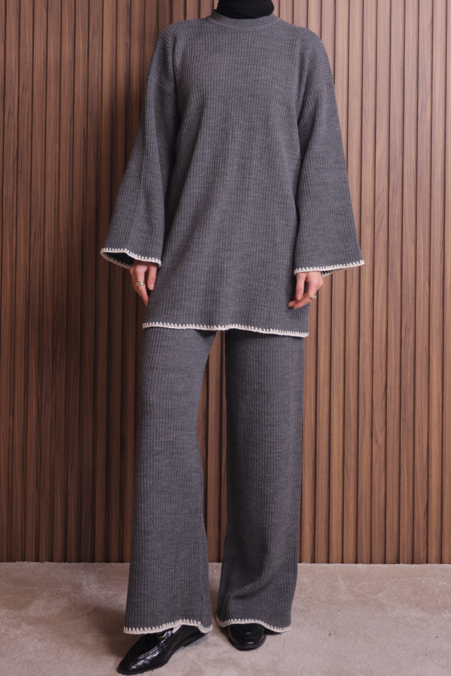 Balenbi Kadın Oversize Ribana Örgü İspanyol Kol Tesettür Triko Takım 1147 Gri - Standart