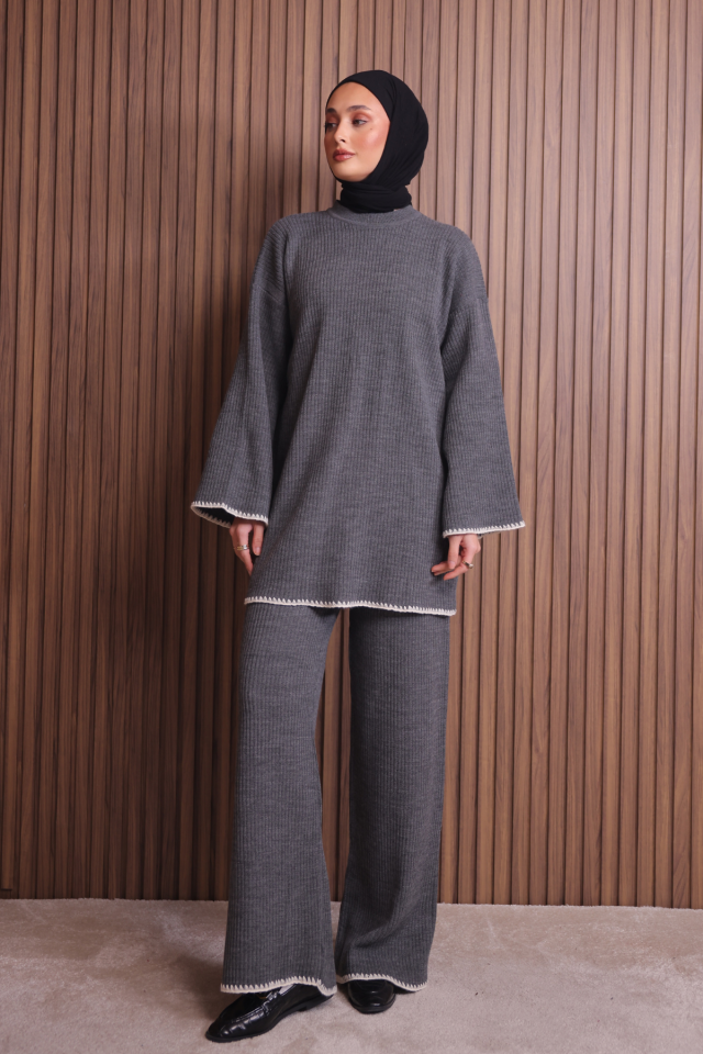Balenbi Kadın Oversize Ribana Örgü İspanyol Kol Tesettür Triko Takım 1147 Standart - Gri