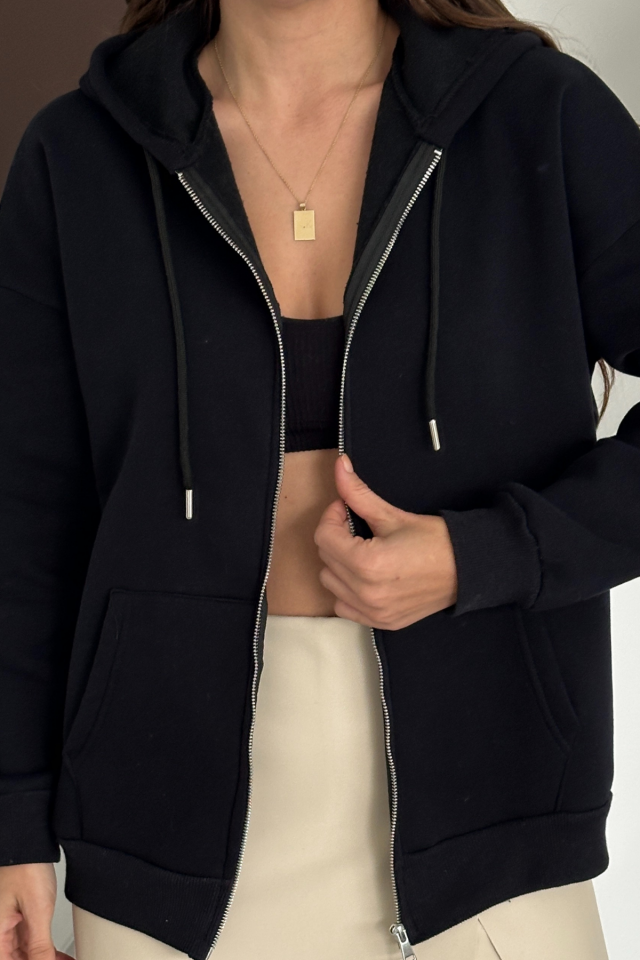 Balenbi Kadın 3 İplik İçi Polarlı Kapüşonlu Oversize Sweat Hırka 1110 M - Siyah