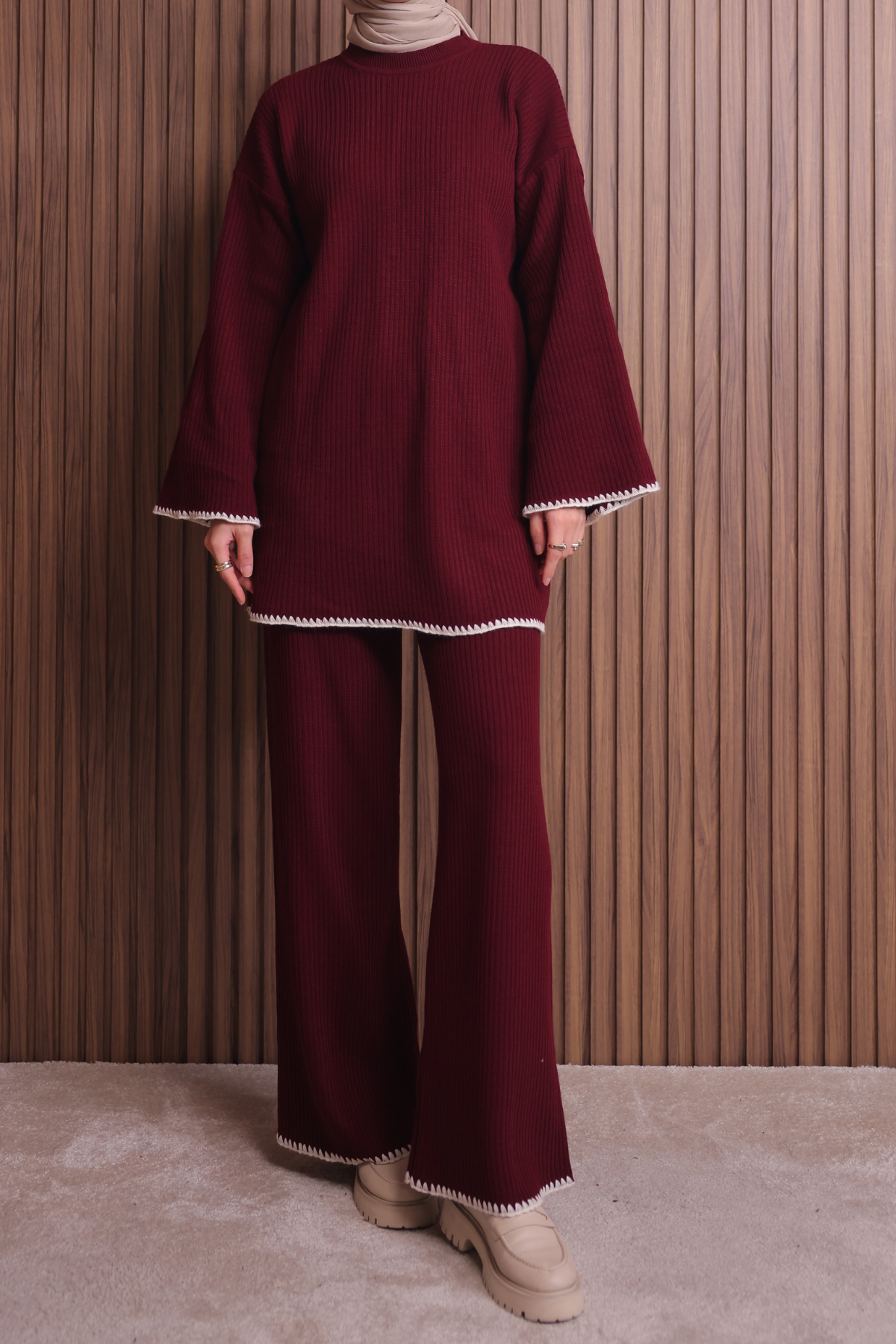 Balenbi Kadın Oversize Ribana Örgü İspanyol Kol Tesettür Triko Takım 1147 Standart - Bordo