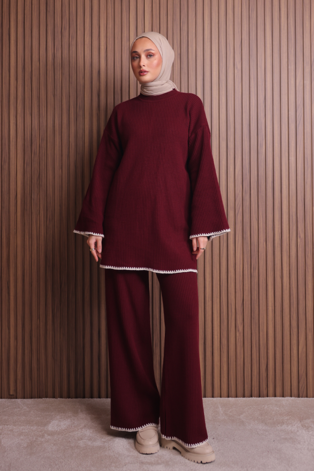 Balenbi Kadın Oversize Ribana Örgü İspanyol Kol Tesettür Triko Takım 1147 Standart - Bordo