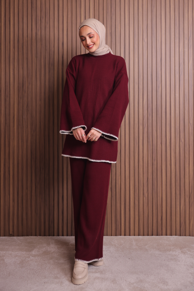 Balenbi Kadın Oversize Ribana Örgü İspanyol Kol Tesettür Triko Takım 1147 Standart - Bordo