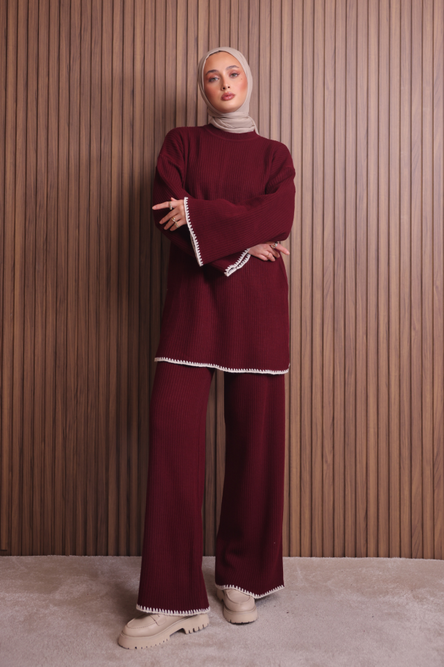 Balenbi Kadın Oversize Ribana Örgü İspanyol Kol Tesettür Triko Takım 1147 Standart - Bordo
