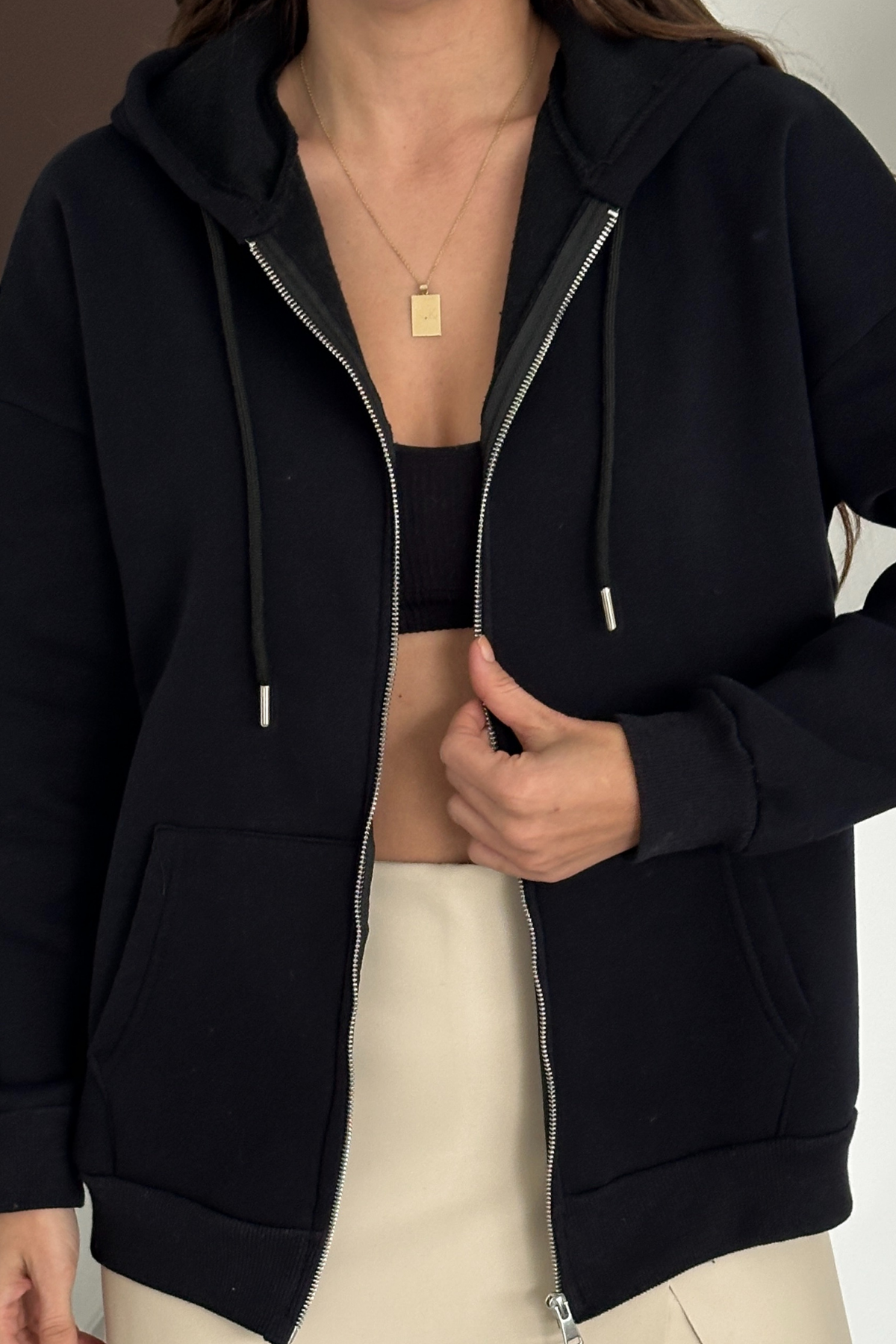 Balenbi Kadın 3 İplik İçi Polarlı Kapüşonlu Oversize Sweat Hırka 1110 S - Siyah