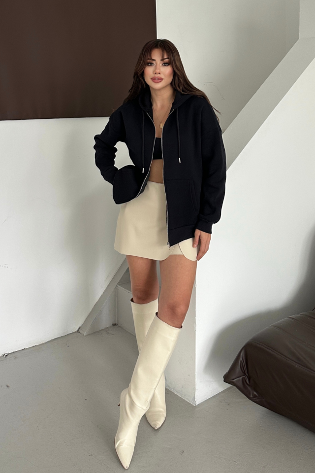 Balenbi Kadın 3 İplik İçi Polarlı Kapüşonlu Oversize Sweat Hırka 1110 S - Siyah