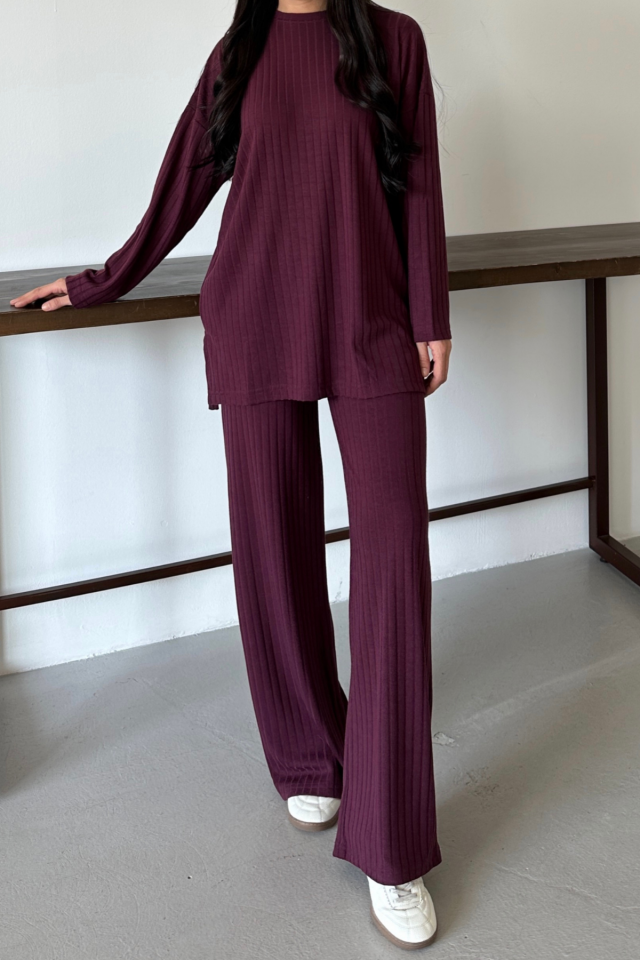 Balenbi Kadın Triko Görünümlü Çizgili Bisiklet Yaka Tesettür Tunik Takım 1152 S - Bordo