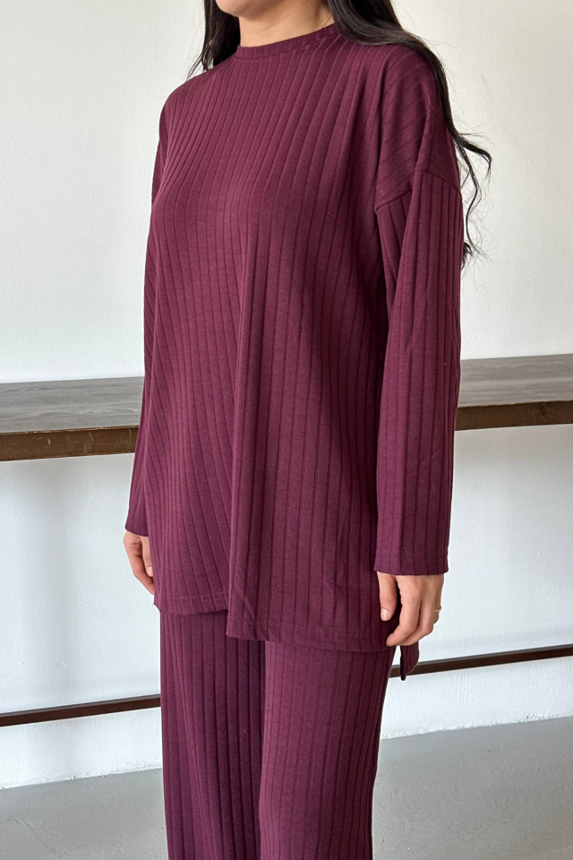 Balenbi Kadın Triko Görünümlü Çizgili Bisiklet Yaka Tesettür Tunik Takım 1152 S - Bordo