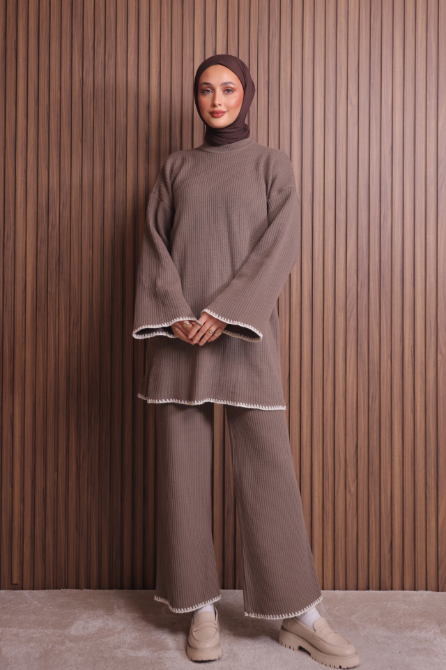 Balenbi Kadın Oversize Ribana Örgü İspanyol Kol Tesettür Triko Takım 1147 Standart - Toprak